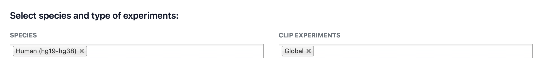 Species and Experiments selection